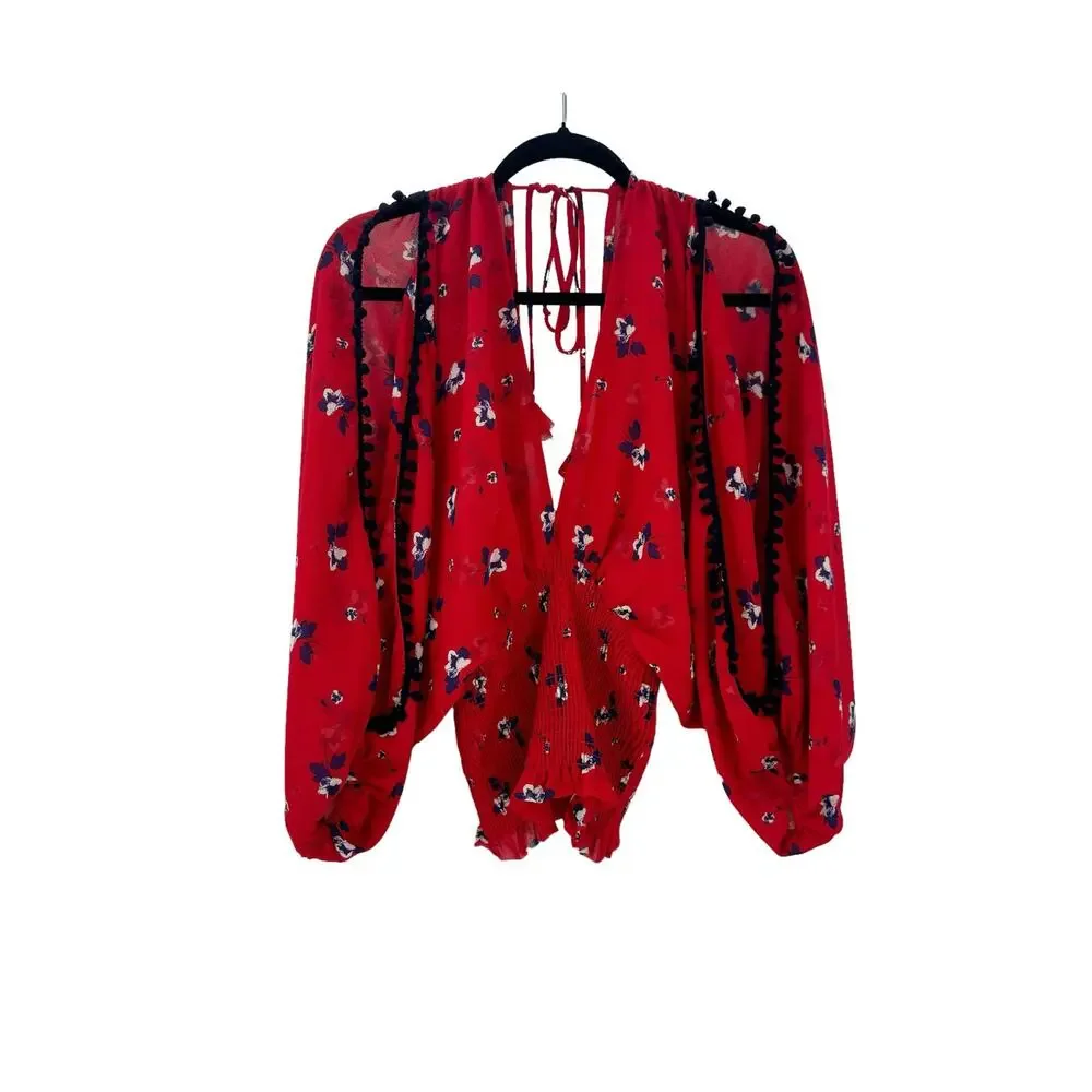 Misa Floral Print Smocked Blouse Long Sleeve Red/Blue Size Medium NWT